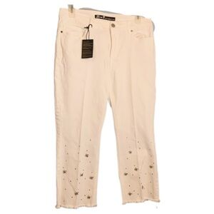 Seven7 white Ankle Duster cropped jeans raw hem Rhinestones Bee jewel NWT sz 14
